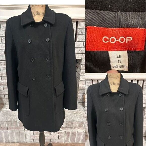 Barney’s NY Co-Op Black Wool Cashmere Pea Coat Size 12 Made in Italy - Picture 1 of 11